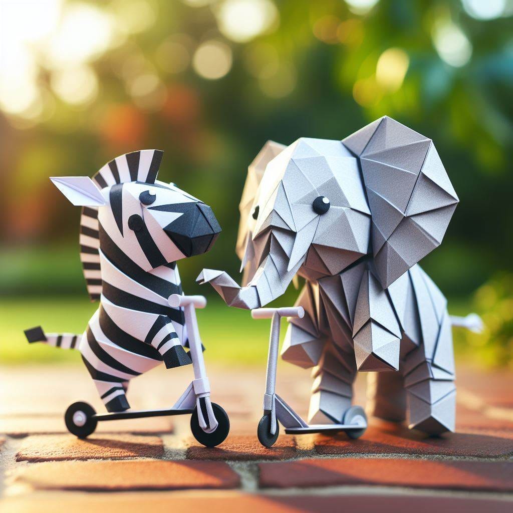  a zebra and an elephant made of origami having a great time playing outside with scooters
