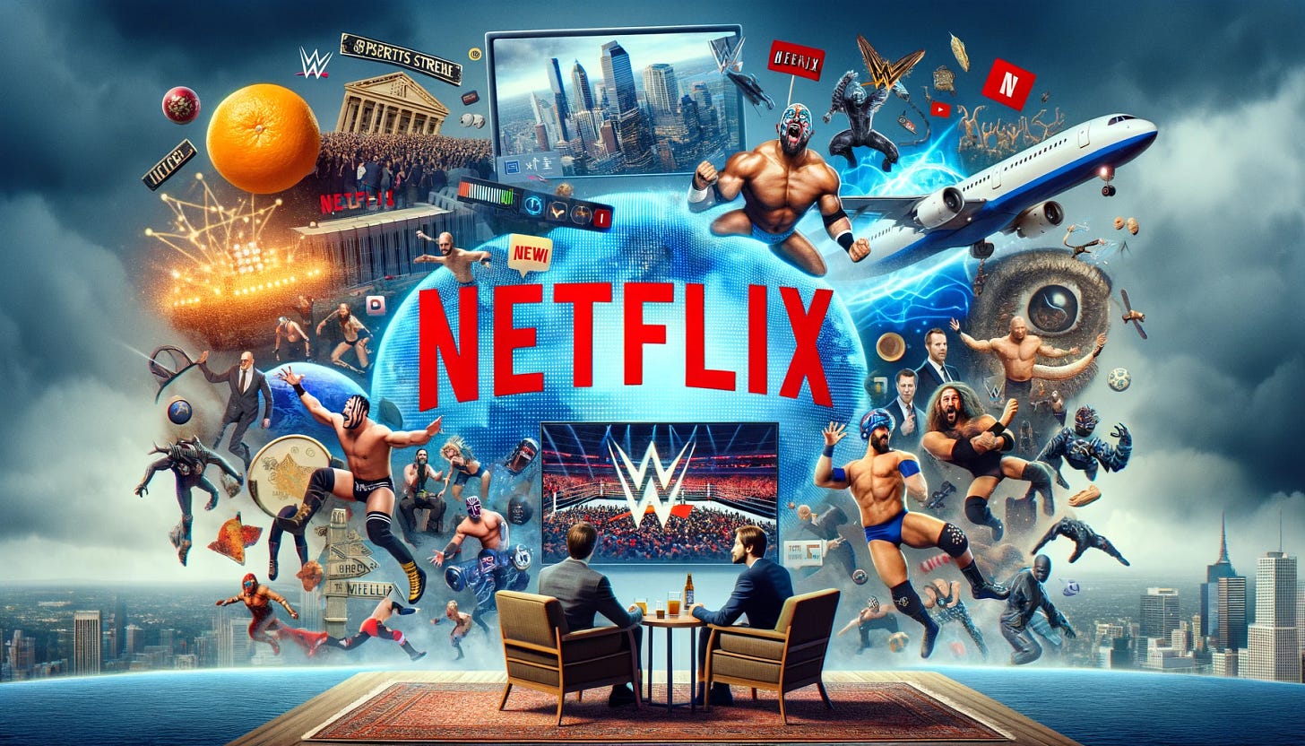 Create a landscape-oriented visual collage highlighting Netflix's $5 billion deal with WWE, as discussed in the podcast transcript. The image should capture the essence of this groundbreaking partnership, depicting elements of Netflix's streaming platform and WWE's dynamic wrestling content. Include imagery that reflects the excitement and significance of this deal, showcasing how it represents a major shift in Netflix's content strategy and the potential impact on the streaming industry. The visual should convey the excitement of live sports streaming, merging the worlds of Netflix and WWE.