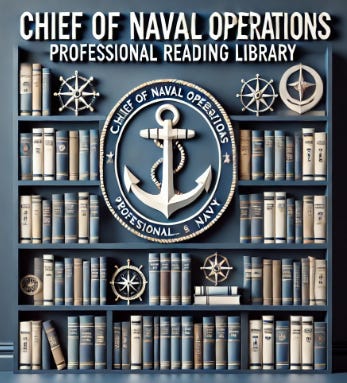 AI Generated image of a book case full of books with the Chief of Naval Operations Professional Reading Library at the top