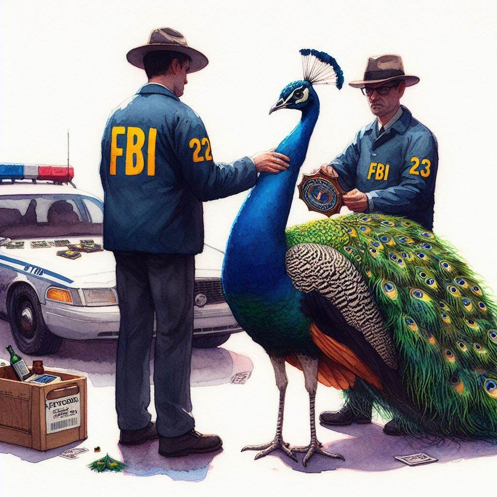 A peacock being arrested by the FBI, watercolor