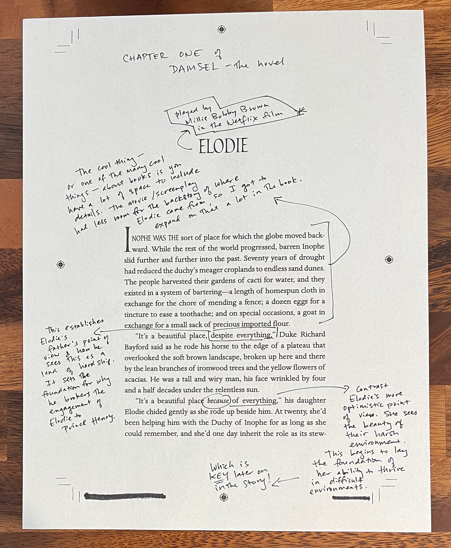 Annotated page from DAMSEL with notes from Evelyn Skye