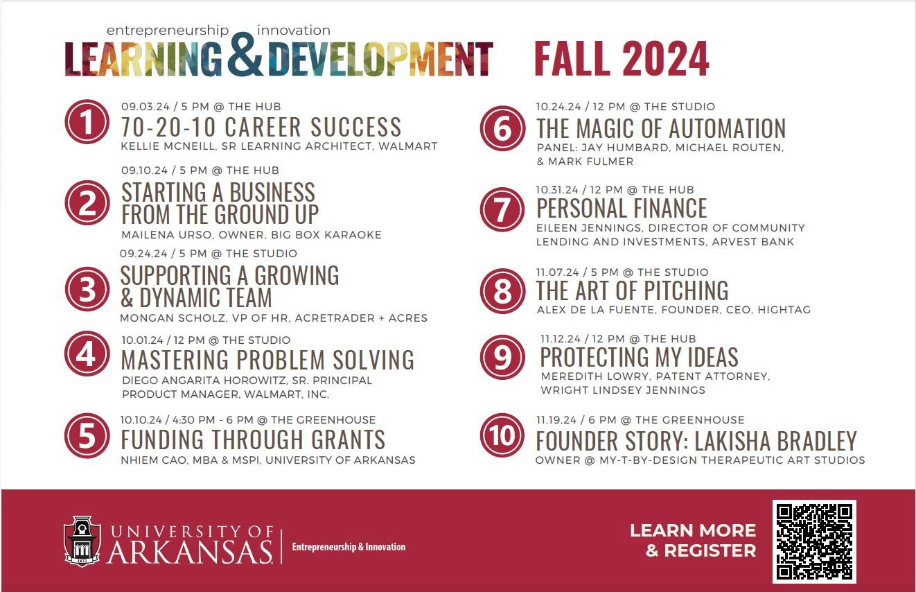 May be a graphic of text that says 'entrepreneurship innovation THE 70-20-10 CAREER SUCCESS LEARNING WALMART FALL 2024 THE STUDIO MAGIC OF AUTOMATION HUMBARD. MICHAEL ROUTEN. FULMER HUB A BUSINESS FROM THE GROUND UP OWNER, BIG Bo KARAOKE THE STUDIO GROWING DYNAMIC TEAM MONGAN SCHOLZ. THE B PERSONAL FINANCE EILEEN JENNINGS, DIRECTOR COMMUNITY LENDING NVESTMENTS. ARVEST BANK ACRETRADER ACRES THE ALEX STUDIO MASTERING PROBLEM SOLVING DIEGO ANGARITA HOROWITZ. PRINCIPAL MANAGER. WALMART, INC. THE STUDIO OF PITCHING FUENTE, FOUNDER. CEO, HIGHTAG PM THE GREENHOUSE THROUGH GRANTS NHIEM CAO, MBA UNIVERSITY ARKANSAS THE PROTECTING IDEAS PATENT ATTORNEY, WRIGHT GREENHOUSE FOUNDER STORY: LAKISHA BRADLEY OWNER STUDIOS ARKANSAS LEARN MORE REGISTER'