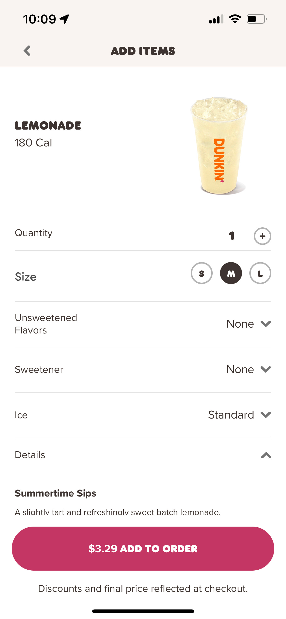 An iPhone screenshot of a page on the Dunkin' app. A picture of a full cup of pale lemonade is at the top.