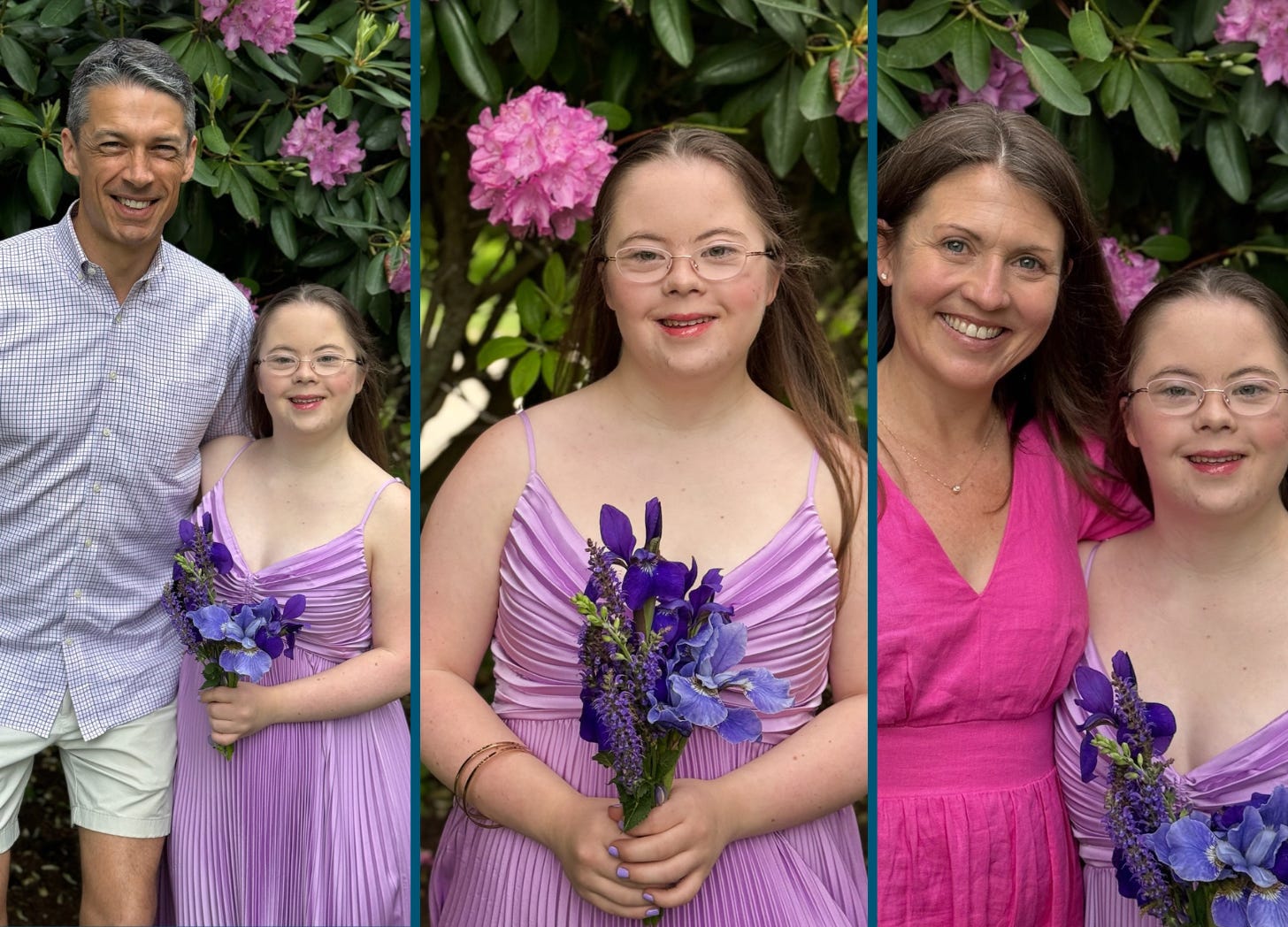 collage of three photos of Penny ready for senior prom and standing in front of a flowering bush: one is with Peter, one by herself, and one with Amy Julia