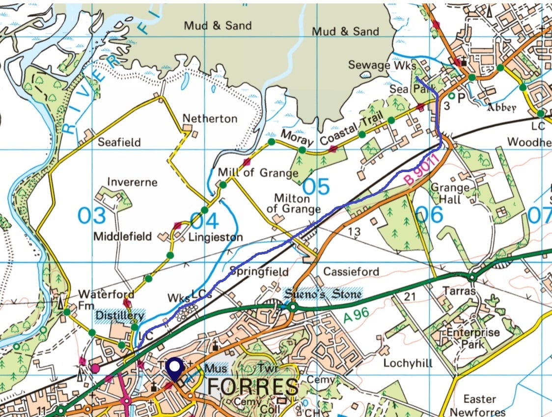 Map of Forres and Kinloss showing the possible earlier course of the Mosset in dark blue.