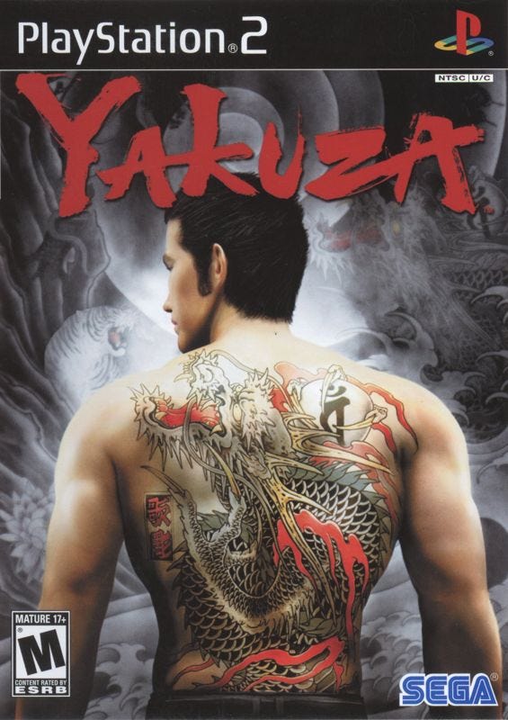The North American box art for the PS2 edition of  Yakuza, which featured Kazuma Kiryu facing away from the camera, his full back tattoo of a dragon on display. 