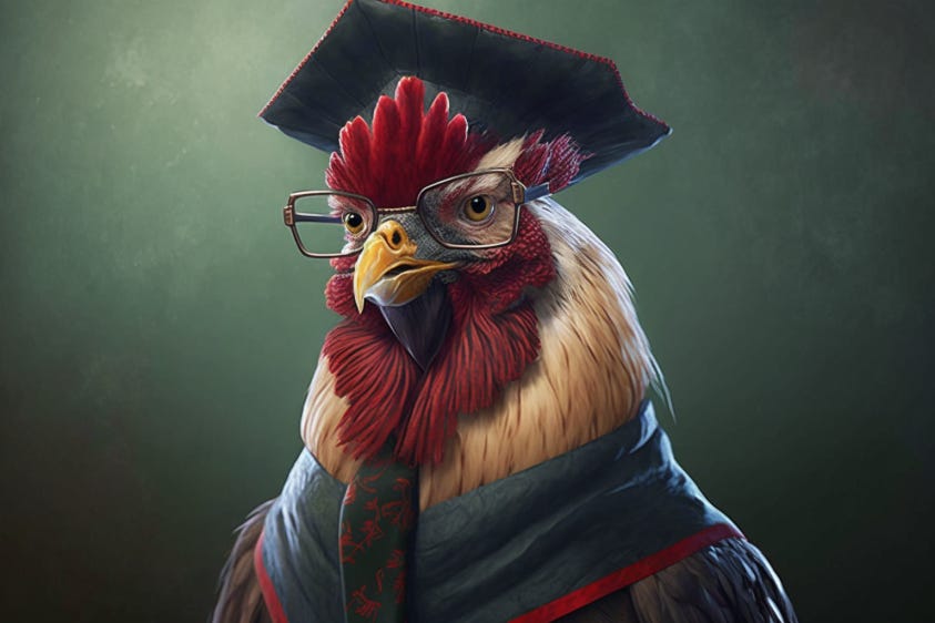 An AI-generated image of a Rooster wearing a graduation gown