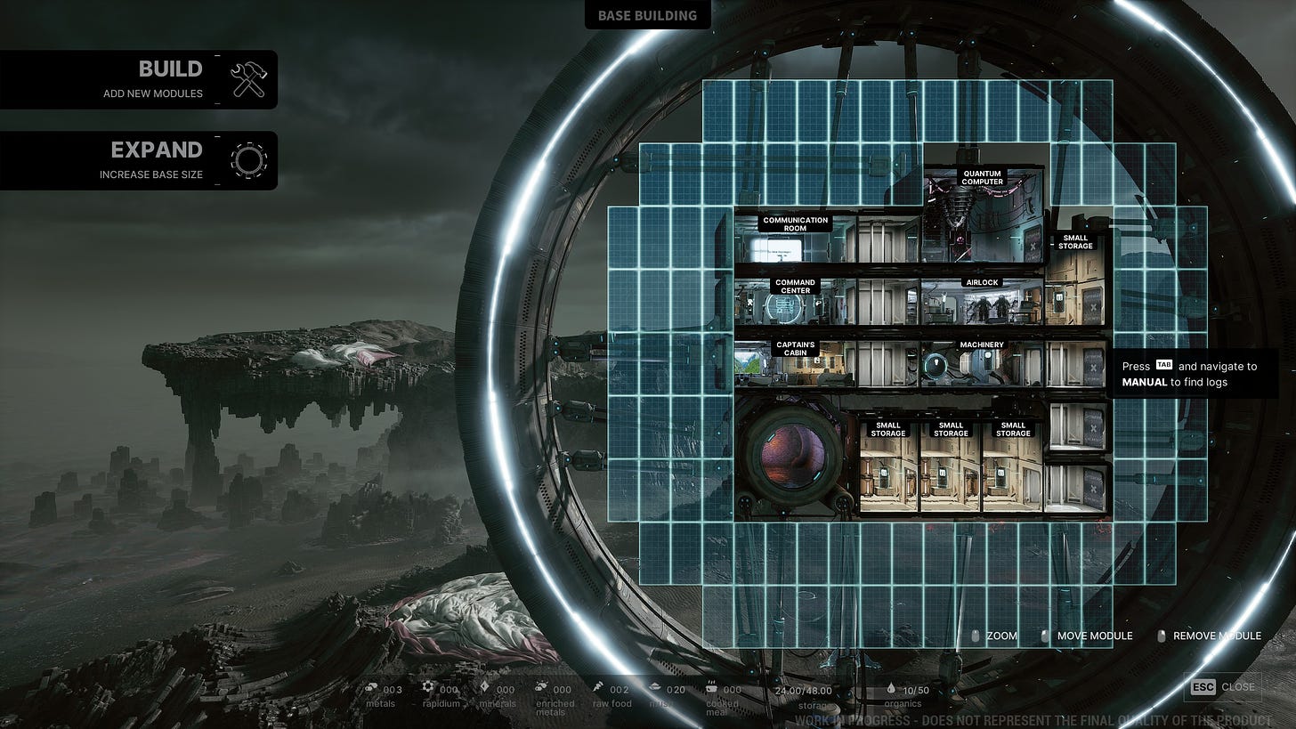 A screenshot of the game The Alters, developed by 11 bit studios, showing a spaceship shaped like a wheel with some buildings and rooms in the middle, set against an alien wasteland.