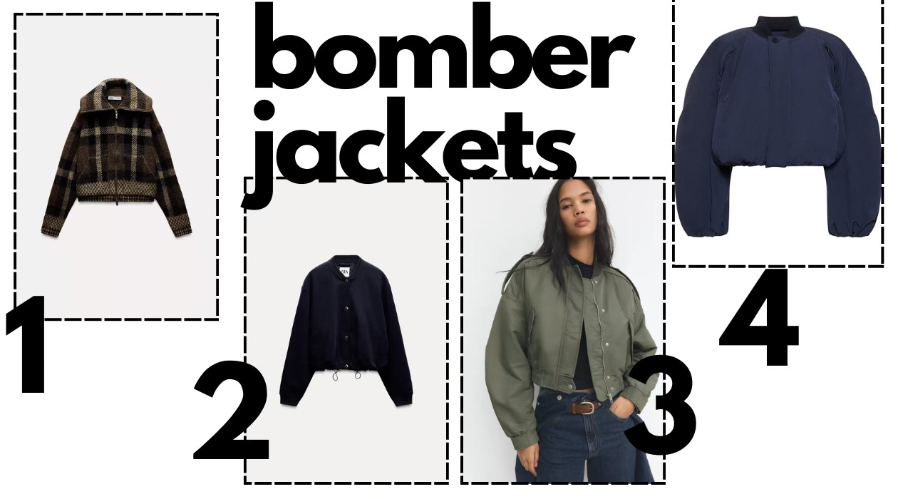 Bomber jackets collection showcasing trendy designs, including a cropped plaid bomber, a classic navy jacket, an olive green oversized bomber, and a padded navy cropped bomber. Perfect for layering in fall fashion, streetwear looks, and casual outfits with structured yet relaxed fits.