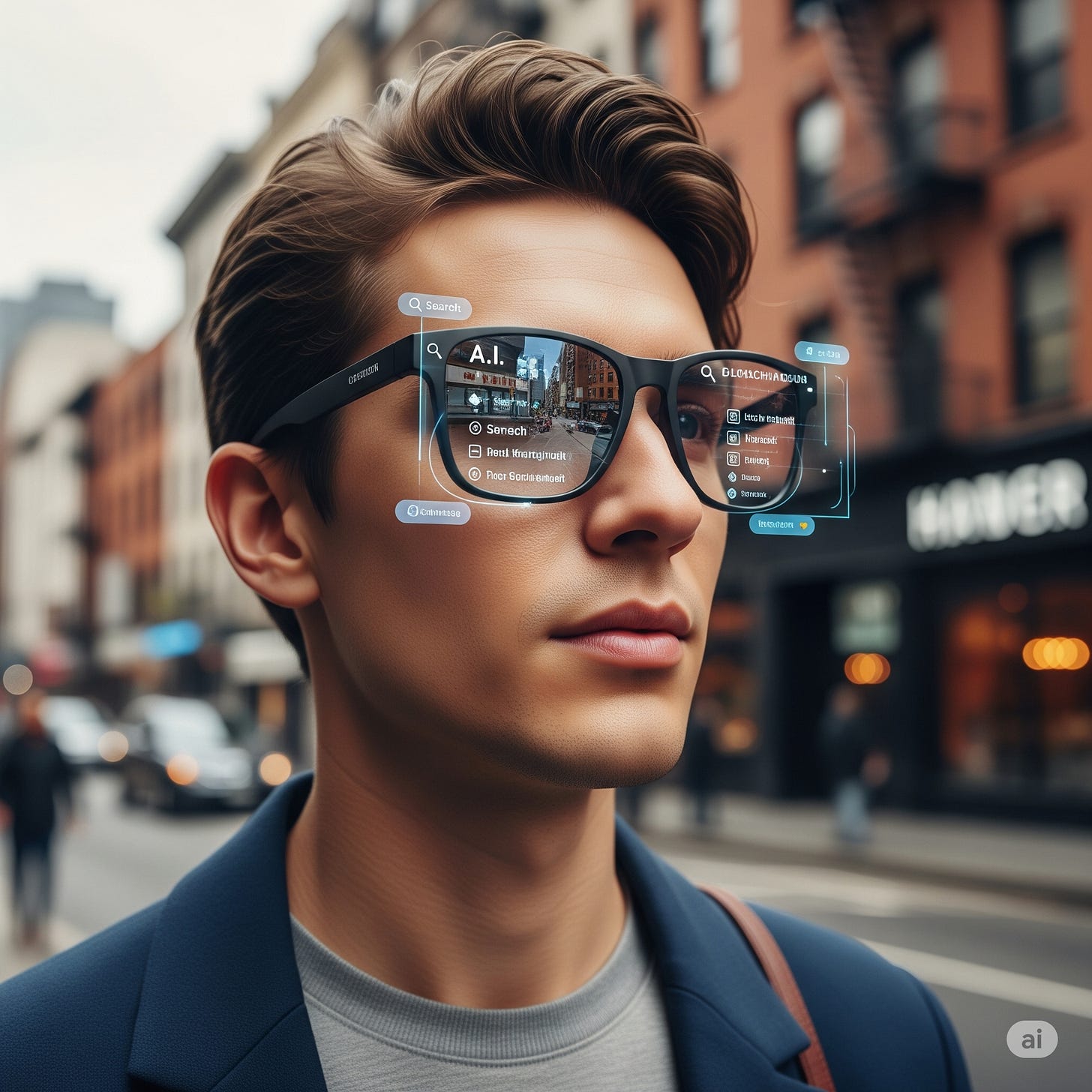 Person wearing smart glasses with AI interfaces showing search results and business information overlays