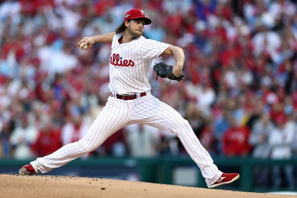 Aaron Nola of the Philadelphia Phillies pitches in the first inning against the Arizona Diamondbacks during Game Six of the Championship Series at...