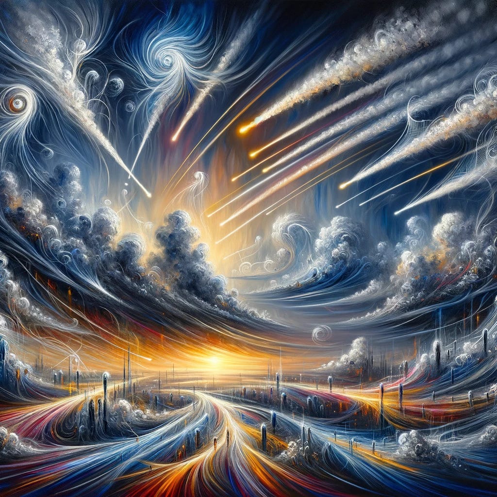 An abstract oil painting representing the themes of chemtrails, HAARP, and environmental manipulation. The artwork features sweeping, dynamic strokes of metallic silver and hazy white to symbolize chemical trails stretching across a turbulent sky. Shades of deep indigo and electric blue evoke the ionosphere, with streaks of vibrant orange and red representing the heating effect of electromagnetic radiation. Elements of chaotic energy flow through the scene, with hints of disrupted weather patterns, storm-like swirls, and patches of dark, ominous clouds. Abstract human figures in shadowy silhouettes suggest the hidden toll on populations, while glowing threads of fiber-like structures allude to Morgellons disease. The overall composition conveys a balance of tension and hope, with a golden light emerging in the distance, symbolizing resilience and collective action.