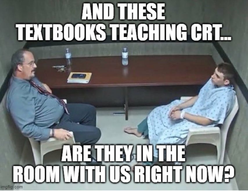 image of psychologist meeting with patient saying "And these textbooks teaching crt... are they in the room with us right now?"