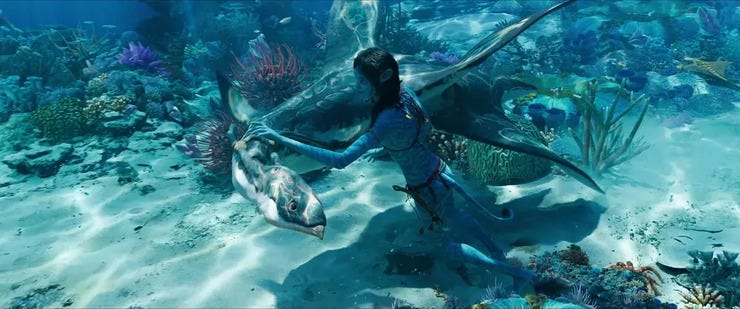 Kiri (Sigourney Weaver) befriends an Ilu - dolphin-like mounts 