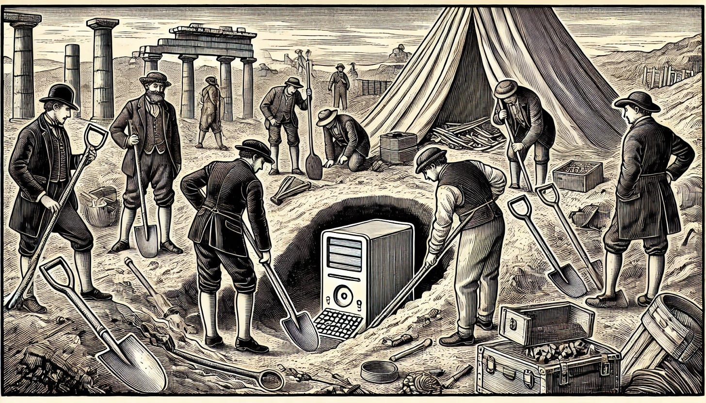 An archaeological expedition in the style of a 19th century woodcut. The scene features archaeologists carefully unearthing a personal computer buried in the ground. They are surrounded by shovels, brushes, and other excavation tools. The background includes ancient ruins and a large canvas tent. The archaeologists are dressed in period clothing with hats and vests. The image is rendered with intricate linework typical of woodcuts from that era.