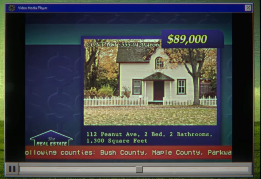 A screenshot from one of the movies in HSH, wherein we see an advertisement for a house at 89 thousand dollars. In the bottom emergency alert banner, we see an alert has been issued for several counties, one of which is maple.