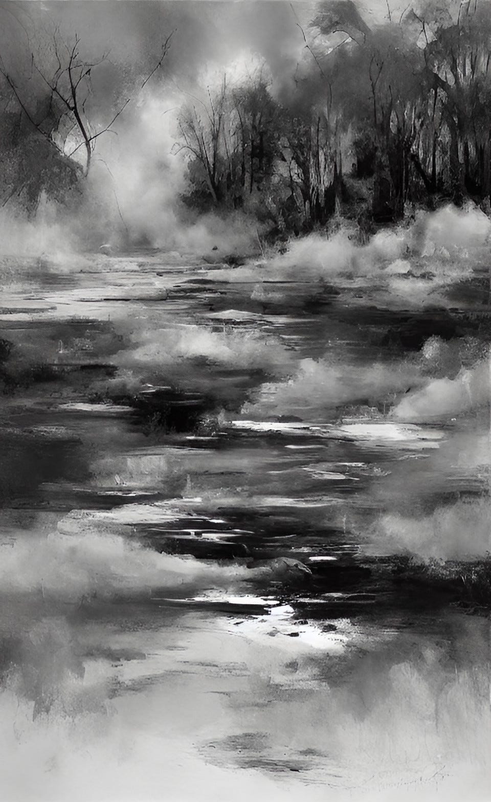 A.I. image in ink-style black and white of a misty swamp