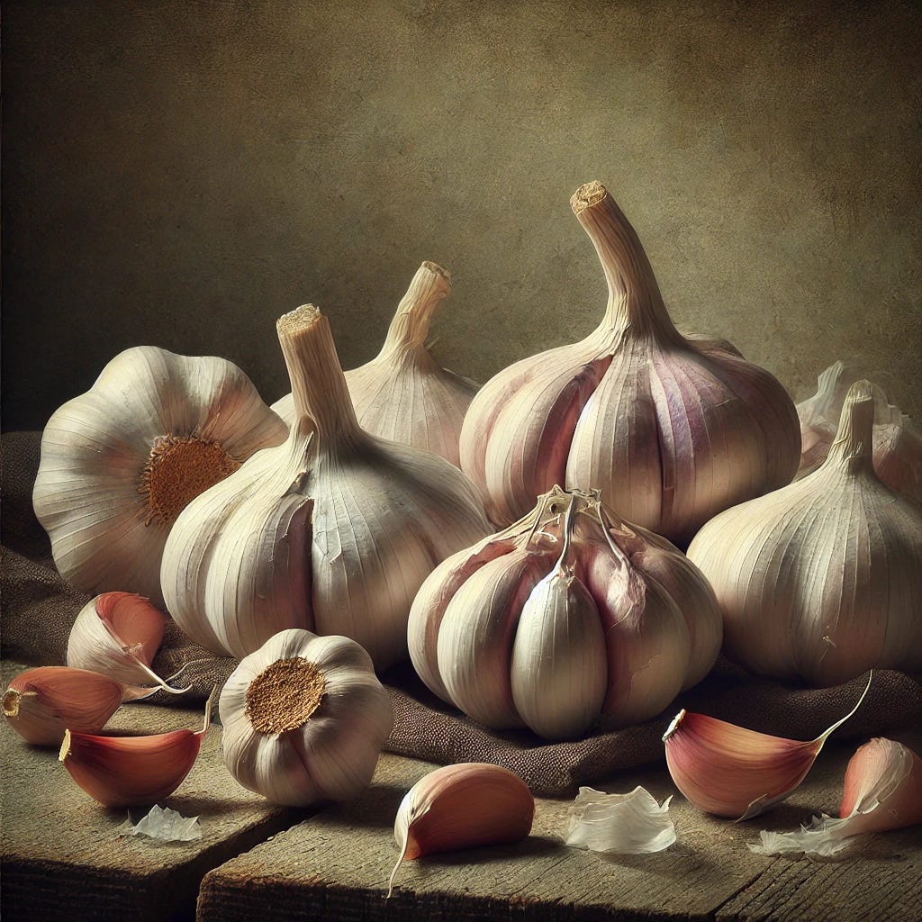 A still life painting of garlic bulbs. The scene features several hardneck garlic bulbs, with their white papery skins and a hint of purple tint, sitting on a rustic wooden surface. The lighting is soft, casting gentle shadows that emphasize the texture of the garlic skins. In the background, there is a muted, earthy-toned backdrop, creating a warm, cozy atmosphere. The overall composition highlights the natural beauty and simplicity of the garlic bulbs.