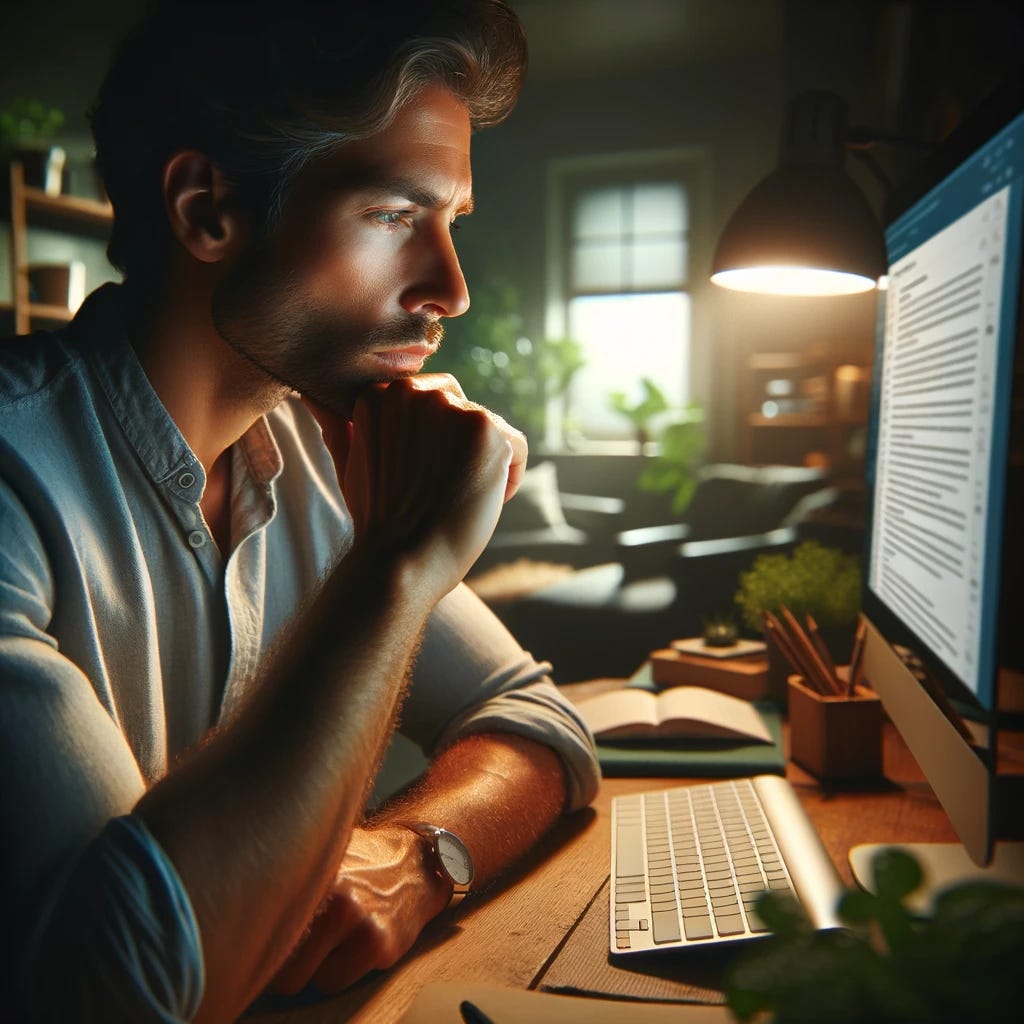 Create an image of a person sitting at a desk, deeply engrossed in thought before responding to an email. The individual, a model of concentration and reflection, is shown with their chin resting on one hand, gazing intently at a computer screen displaying an open email. The scene captures a moment of pause and contemplation, highlighting the importance of thoughtful communication. Surrounding the person is a serene and organized workspace, with hints of personal items and green plants, suggesting a comfortable and thoughtful environment. The lighting is soft and warm, creating an atmosphere of focus and introspection.