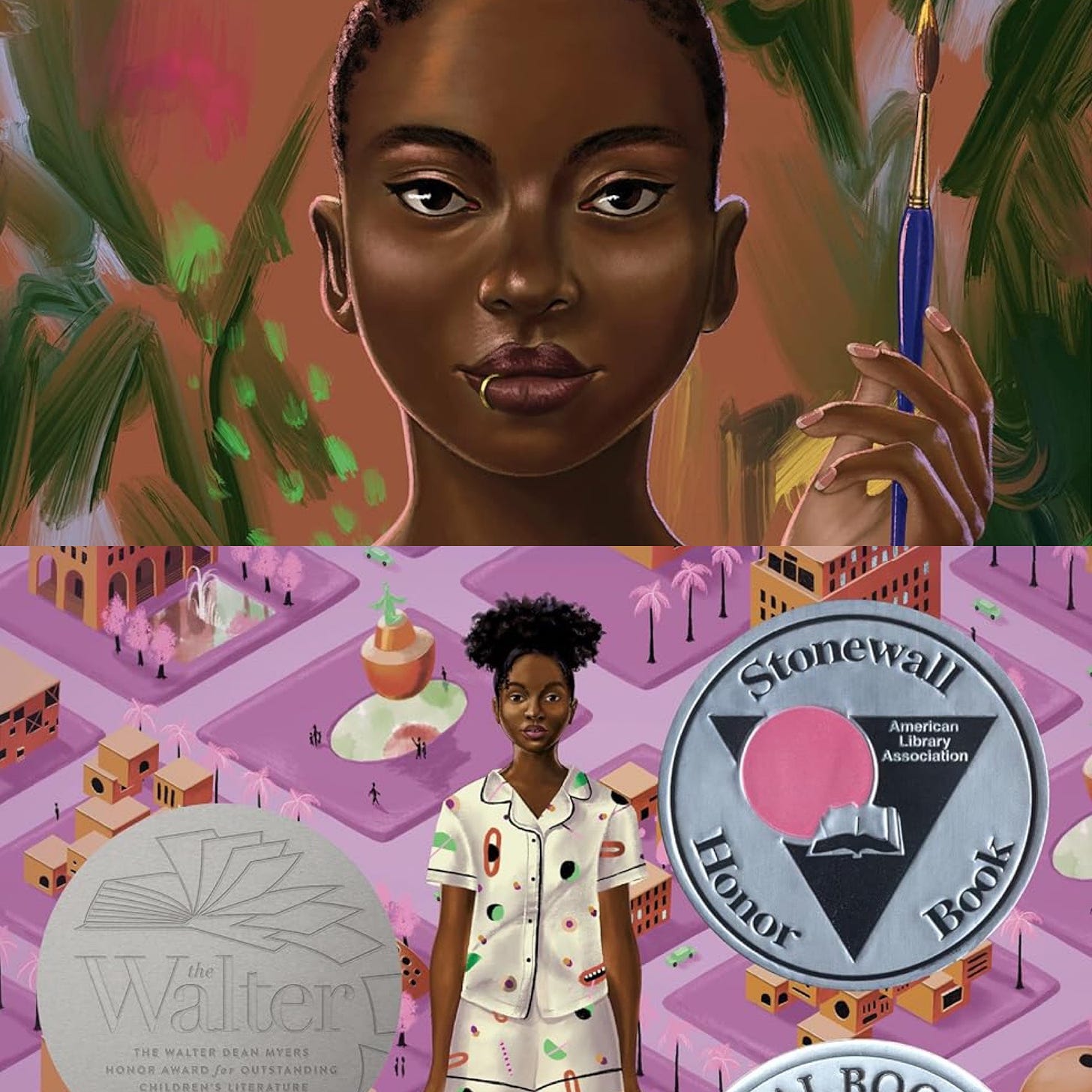 From the book covers of Bitter and Pet: images of a young Black woman holding a paint brush and of a Black girl in short pajamas in front a neighborhood map.