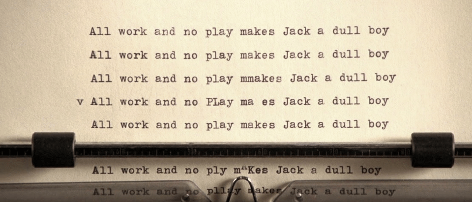 r/shittymoviedetails - In The Shining (1980) Jack Torrance did in fact NOT type out "All work and no play makes Jack a dull boy" over and over again but rather just copy-pasted it a bunch of times; this is hinted at with a small "v" that's there from him hitting Ctrl+v a bit too fast.