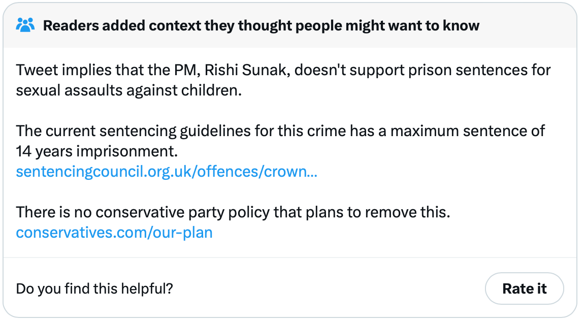 Community Note for Labour Party tweet about Rishi Sunak