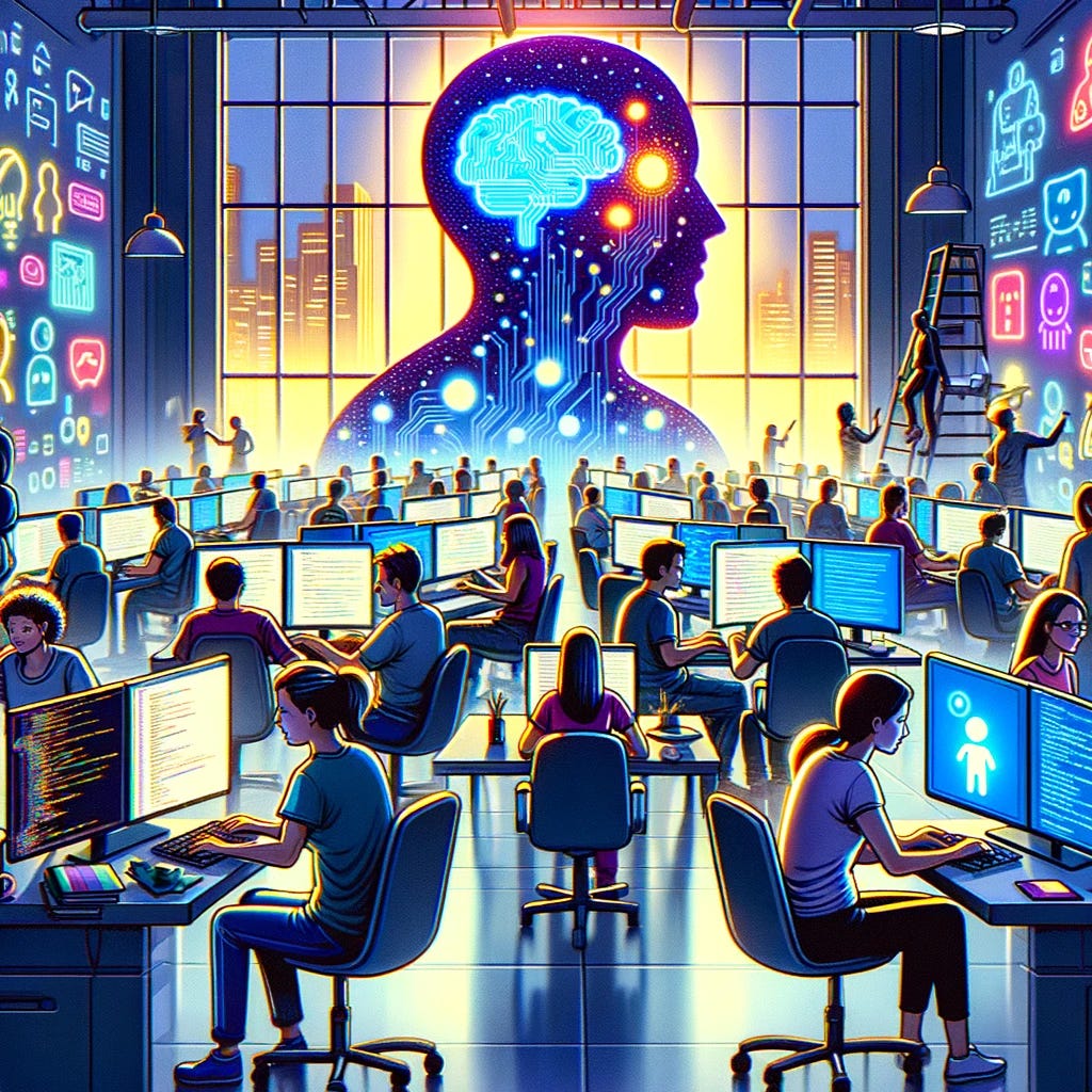 A creative illustration showing programmers opting to use smaller open-source artificial intelligence language models instead of larger, closed-source AI models like OpenAI. The scene is set in a modern, collaborative workspace filled with diverse programmers, each engrossed in their work on computers. Some programmers are young, some older, with a mix of genders and ethnicities, reflecting inclusivity and diversity. Each workstation prominently displays visuals or symbols of open-source AI models, glowing on their screens, contrasting with a large, shadowy figure of a closed-source AI model like OpenAI looming in the background. The environment is lively and positive, highlighting the enthusiasm and commitment of programmers to open-source technology.