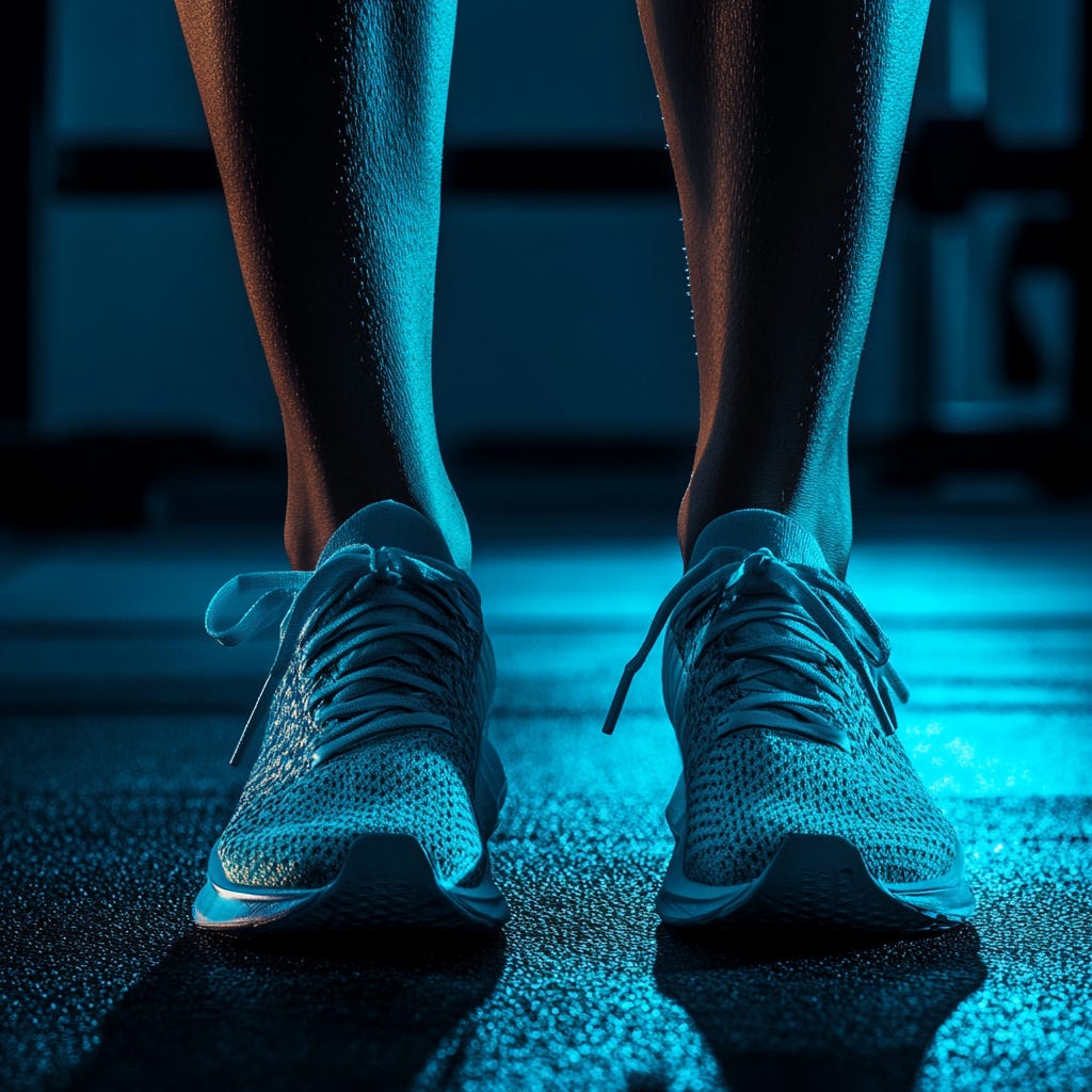 Athlete calf muscle and minimalist shoes in a dark gym.
