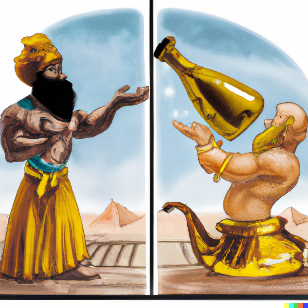 King Midas is on the left side and a genie coming from a lamp is on the right side.