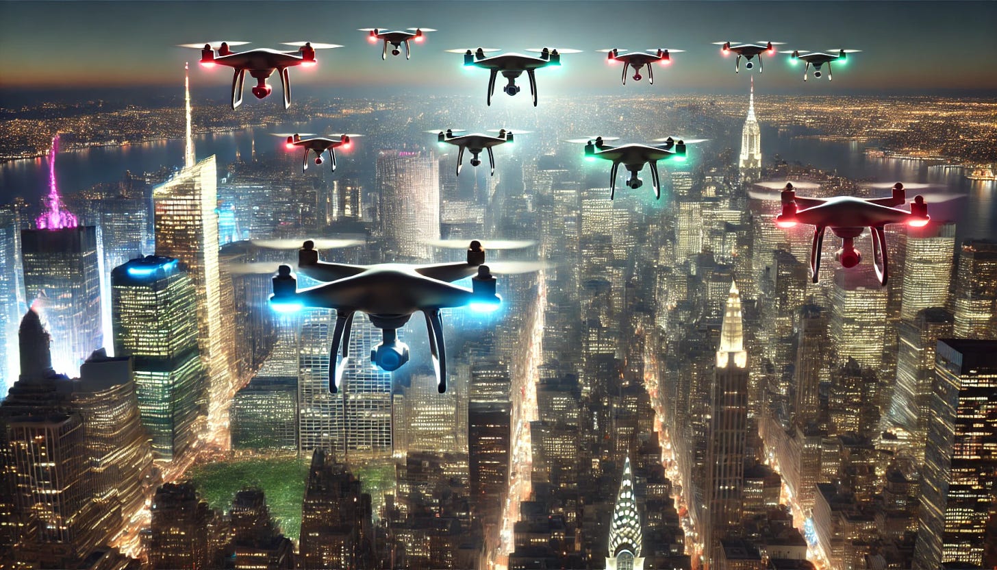 A realistic depiction of twelve drones flying in the night sky above New York City, with their lights glowing brightly in various colors. The city skyline is prominently visible with iconic skyscrapers such as the Empire State Building and the Chrysler Building illuminated. The scene has a cinematic, high-detail look, resembling a 35mm photograph. The drones are arranged in a dynamic formation, their lights reflected faintly in nearby windows. The atmosphere is clear, with a faint glow of the city lights against the night sky.