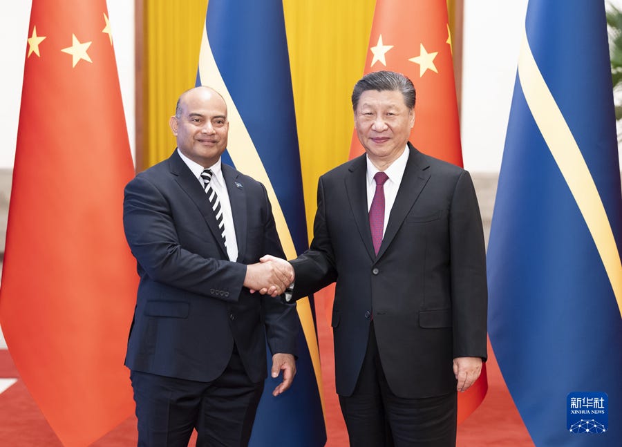 Chinese President Xi Jinping shakes hands with visiting Nauruan President David Adeang at a welcome ceremony held in the Great Hall of the People in Beijing on March 25, 2024. Photo: Xinhua