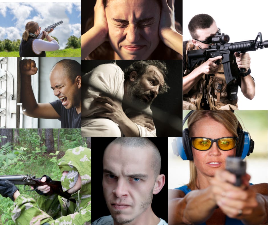 Collage of pictures of recreational and assault guns and people with mental illness and anger