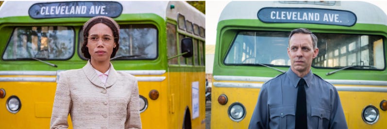 This diptych from "Rosa" (Doctor Who Series 11's third episode) shows, on the left, Rosa Parks (played by Vinette Robinson) standing in front of 1955 Montgomery, Alabama's Cleveland Avenue bus and, on the right, driver James Blake (played by Trevor White) standing in front of the same vehicle. This diptych from "Rosa" (Doctor Who Series 11's third episode) shows, on the left, Rosa Parks (played by Vinette Robinson) standing in front of 1955 Montgomery, Alabama's Cleveland Avenue bus and, on the right, driver James Blake (played by Trevor White) standing in front of the same vehicle.