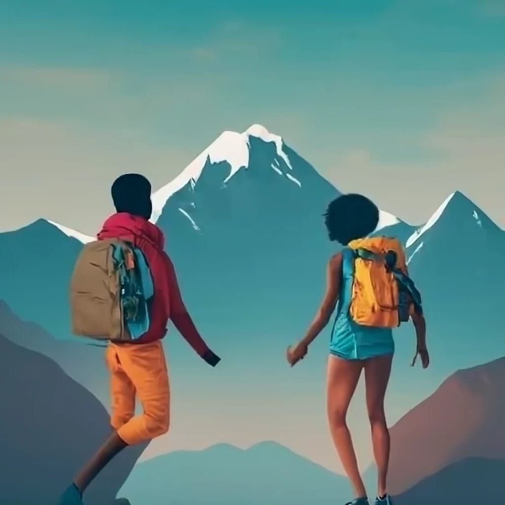 Black man and black woman holding hands as they hike up mountain wearing backpacks