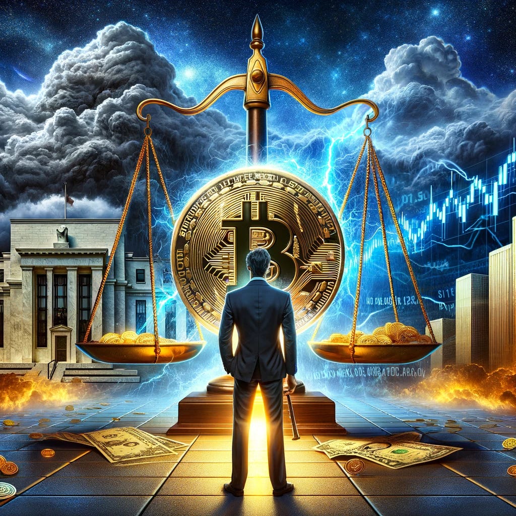 A symbolic representation of economic change and Bitcoin's emerging role. The image shows a large, imposing figure of Jerome Powell in a suit, representing the Federal Reserve, standing beside a large, traditional scale balancing inflation and interest rates. In the background, a digital storm is brewing, symbolizing economic uncertainty and change. Emerging from this storm is a shining, solid gold Bitcoin, representing hope, stability, and a new era in finance. The contrast between the traditional economic symbols and the futuristic, digital Bitcoin illustrates the transition from old to new financial paradigms.