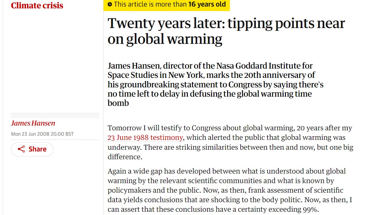 Headline reads: "Twenty years later: tipping points near on global warming", June 2008.