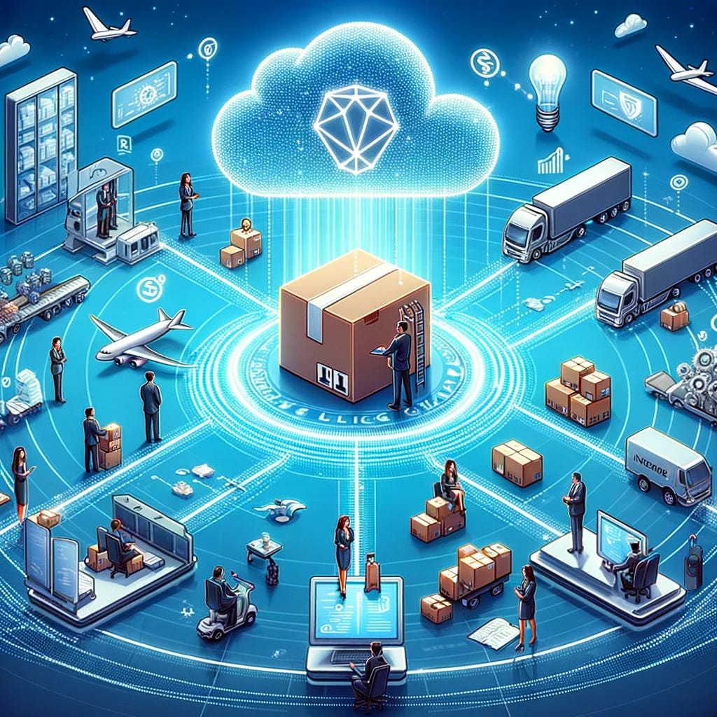 Illustrate the importance of blockchain technology in a logistics company's operations. The scene should depict a sophisticated logistics network, with a central office dispatching a valuable product, surrounded by various stakeholders like couriers, shipping companies, and insurance agents, all interconnected through a digital blockchain network. Highlight the product's journey from the office to its final destination, with digital chains symbolizing the blockchain ensuring its safety, traceability, and timely delivery. Emphasize the significance of blockchain in managing high-value goods, ensuring they are protected by insurance and tracked meticulously through every step of their journey, reflecting the critical role of technology in modern logistics and secure product handling.