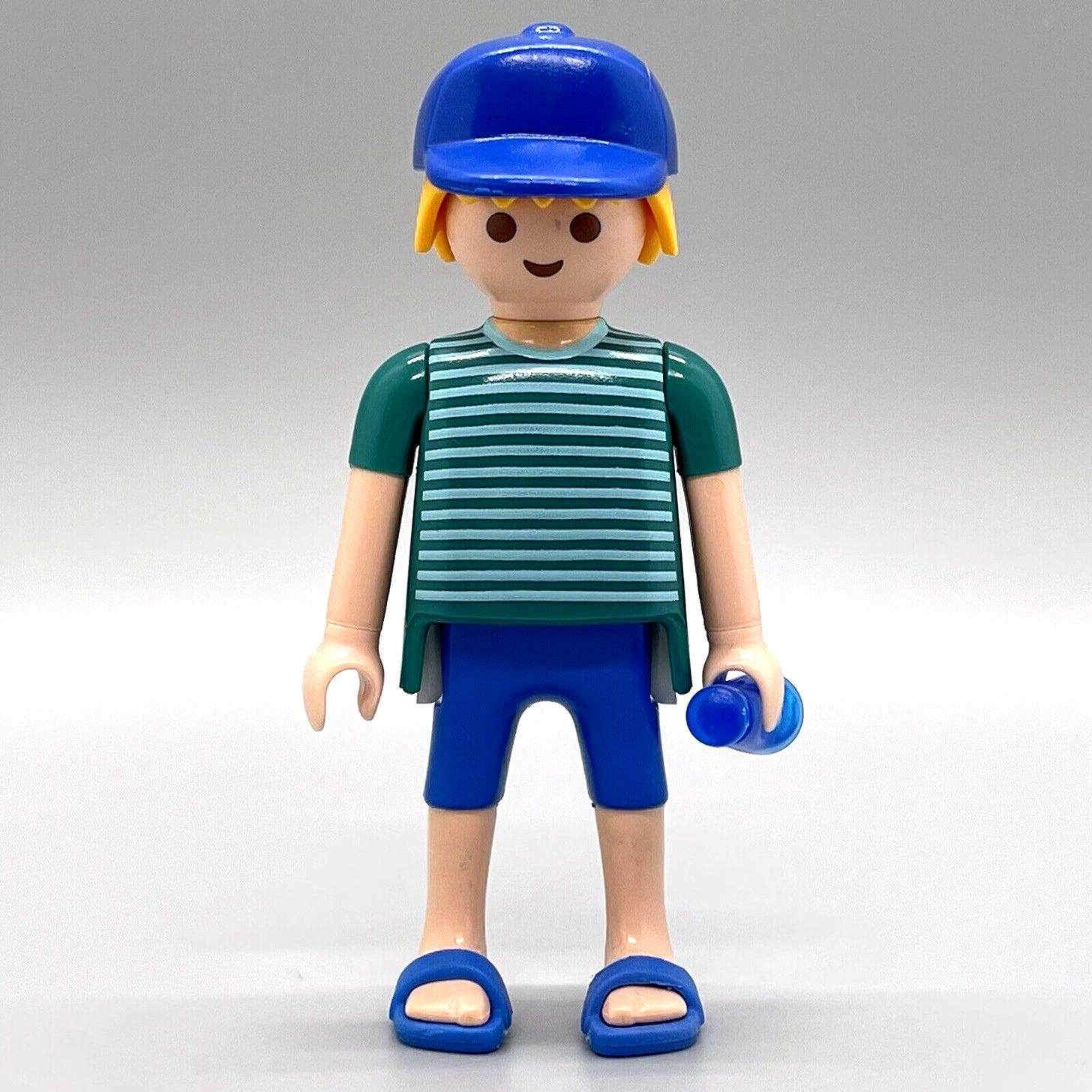 Playmobil Male Adult Figure Green Striped Shirt Blond Hair Blue Hat Sandals - Picture 1 of 2