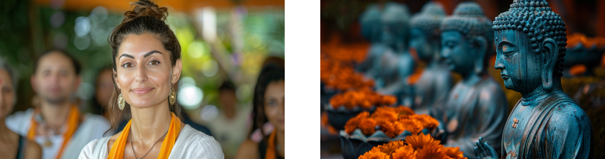 On the left, a woman with a serene expression, wearing a white outfit and an orange scarf, is surrounded by other people in the background. On the right, a row of blue Buddha statues is adorned with vibrant orange flowers.