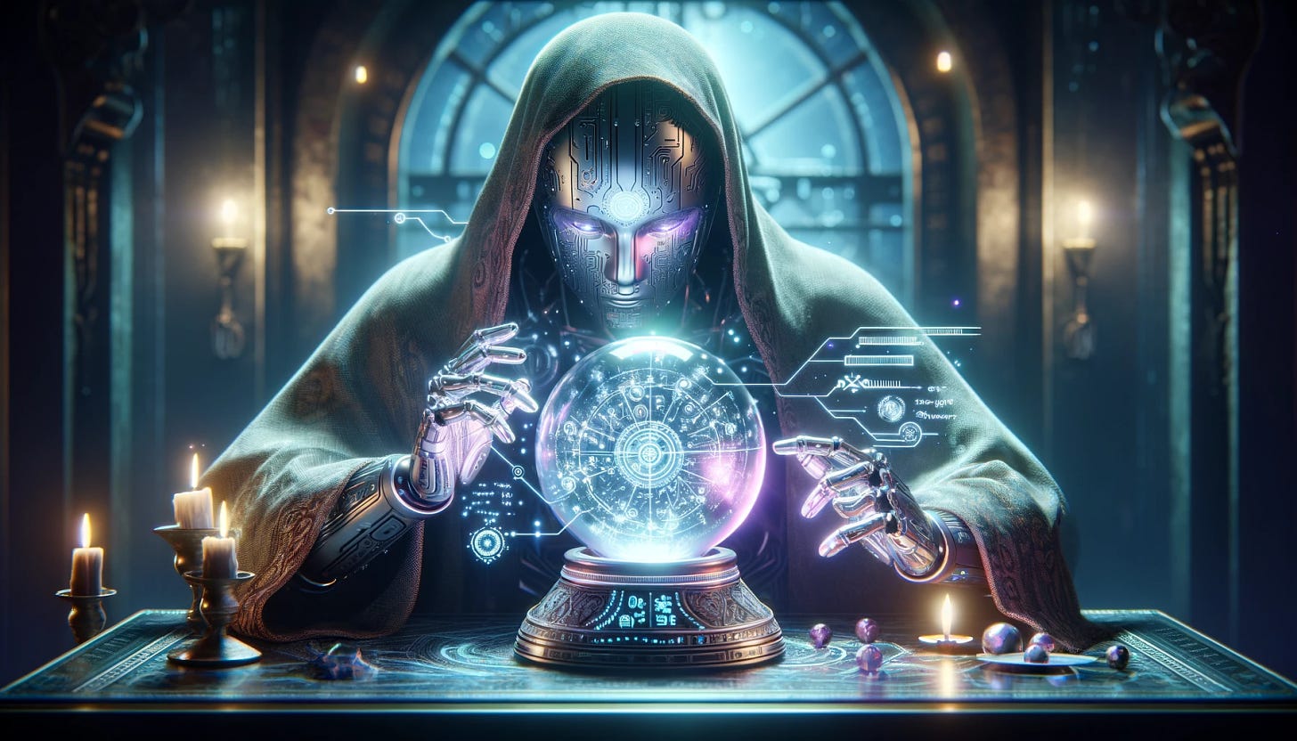 An AI-based soothsayer, depicted as a futuristic, robot-like figure, sitting at a table with a crystal ball in front of them. The setting is a blend of traditional and futuristic elements, with glowing digital runes and symbols floating around the crystal ball, indicating its AI capabilities. The soothsayer is gazing into the crystal ball, which is illuminating their face with a soft, mystical light. The background is dimly lit, creating a mystical and enigmatic atmosphere. The composition is in landscape mode to capture a wider view of the scene, size: "1792x1024"