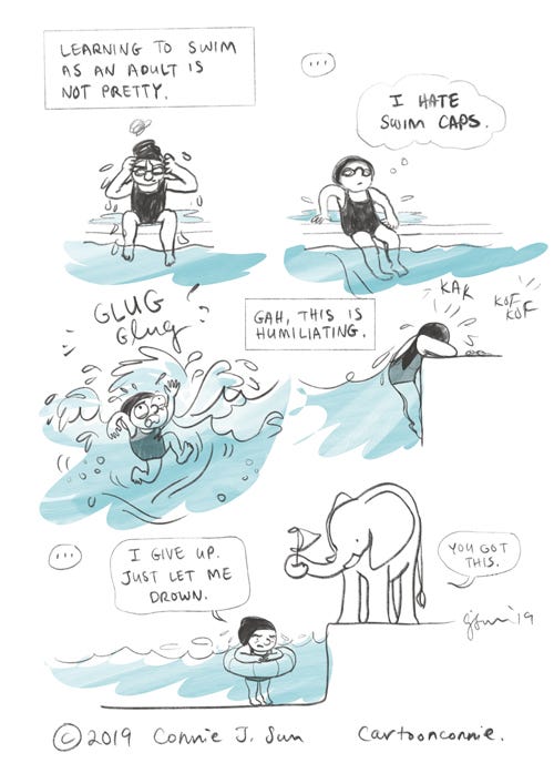 learning to swim as an adult swimming, comics, comic art, cartoon, comic strip, journal comic, connie sun, cartoonconnie