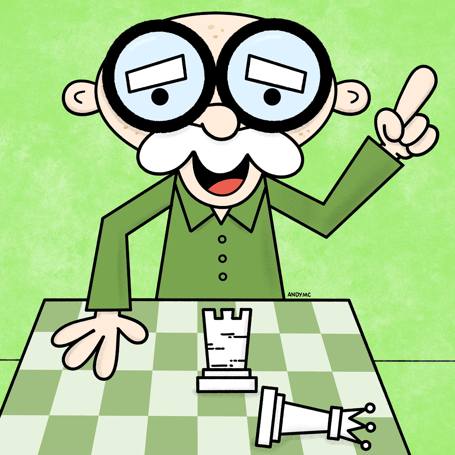 a cartoon illustration of an old man playing chess