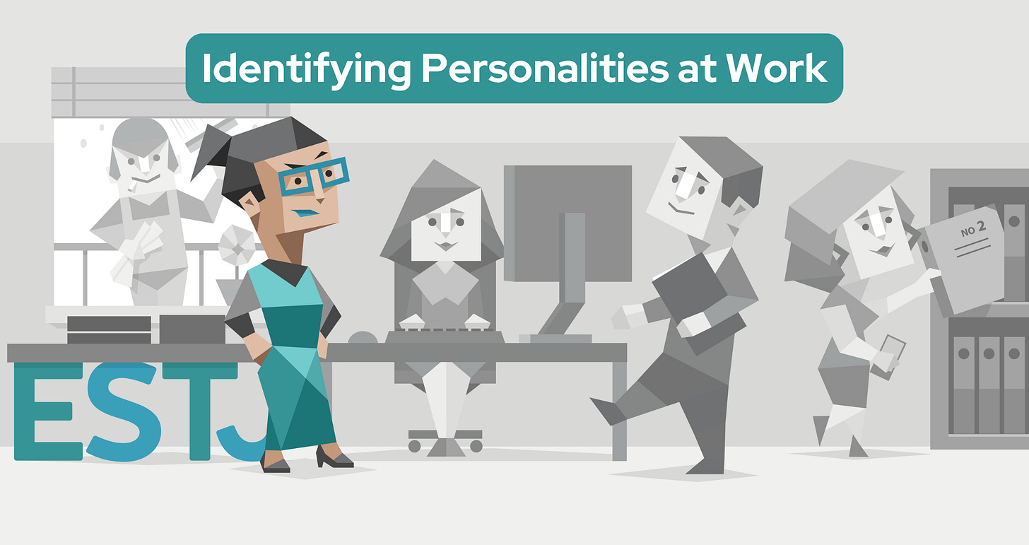 An ESTJ woman stands confidently in an office, emanating a sense of leadership. She wears blue glasses and a blue dress. Behind her, a team of diverse people are engaged in various tasks: a woman types at a computer, a man walks with a file, and another woman reaches for a binder. A final man is outside washing the window. The letters “ESTJ” are prominently displayed to the left. Text in a blue banner reads: Identifying Personalities at Work An ESTJ woman stands confidently in an office, emanating a sense of leadership. She wears blue glasses and a blue dress. Behind her, a team of diverse people are engaged in various tasks: a woman types at a computer, a man walks with a file, and another woman reaches for a binder. A final man is outside washing the window. The letters “ESTJ” are prominently displayed to the left. Text in a blue banner reads: Identifying Personalities at Work