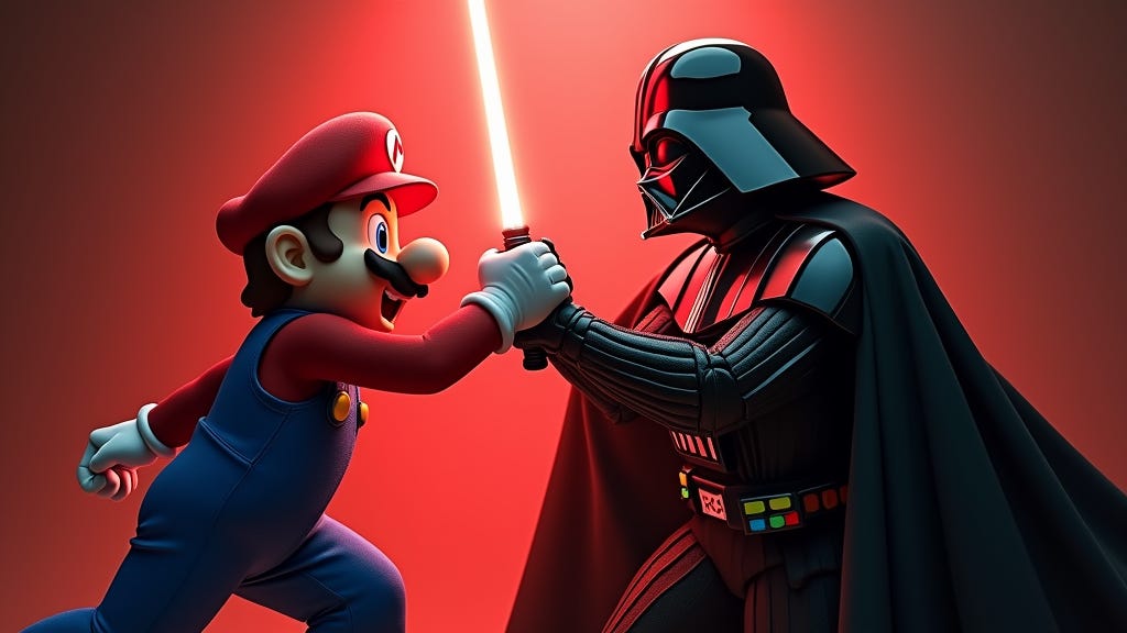 AI-generated image of Super Mario and Darth Vader in combat. Image generated using FLUX.1