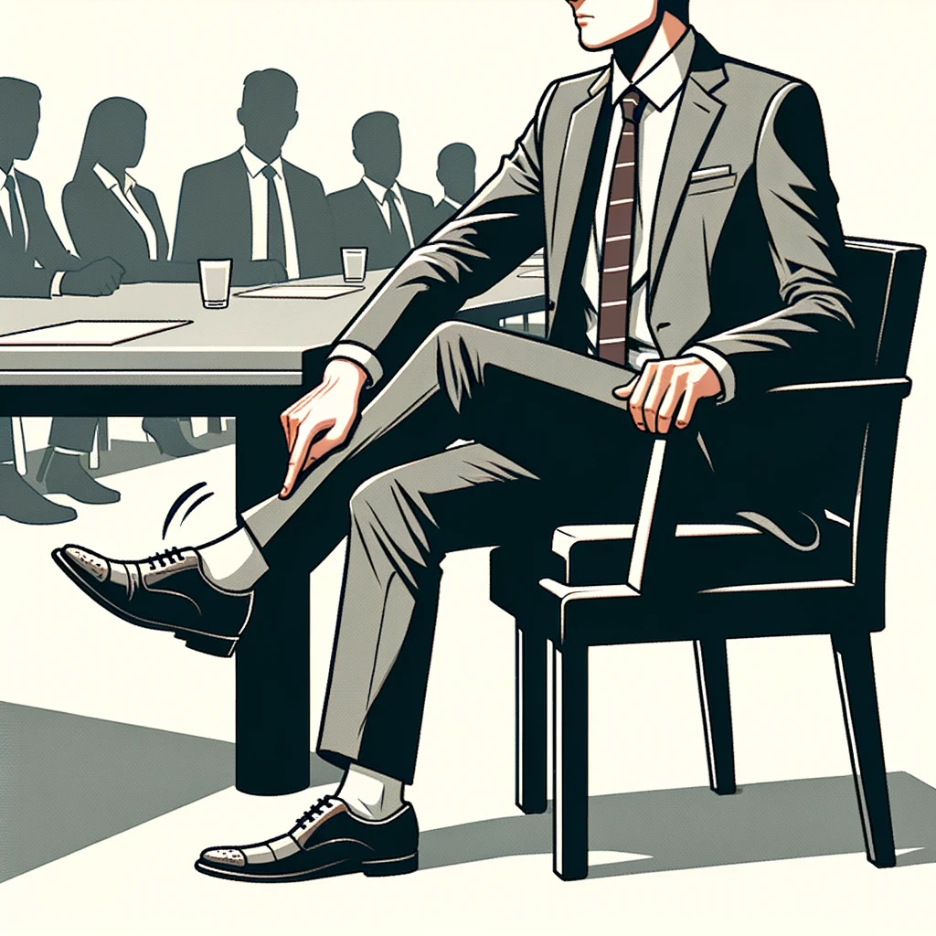Illustration in a minimalist, professional style showing a person sitting in a meeting and subtly tapping their foot under the table. The person is depicted wearing formal business attire, seated with one foot slightly raised in a tapping motion. The setting includes a conference table and other meeting attendees in the background, focusing on the action of foot tapping in a discreet manner. The style should be clean and professional, suitable for a business-related article.