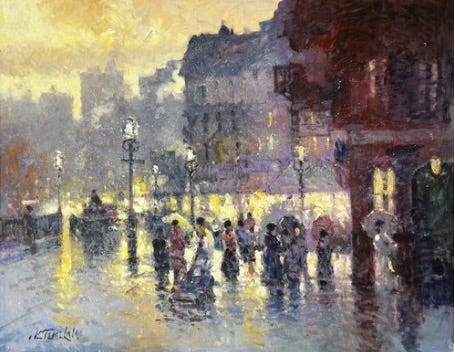 A painting of people walking in the rain

Description automatically generated