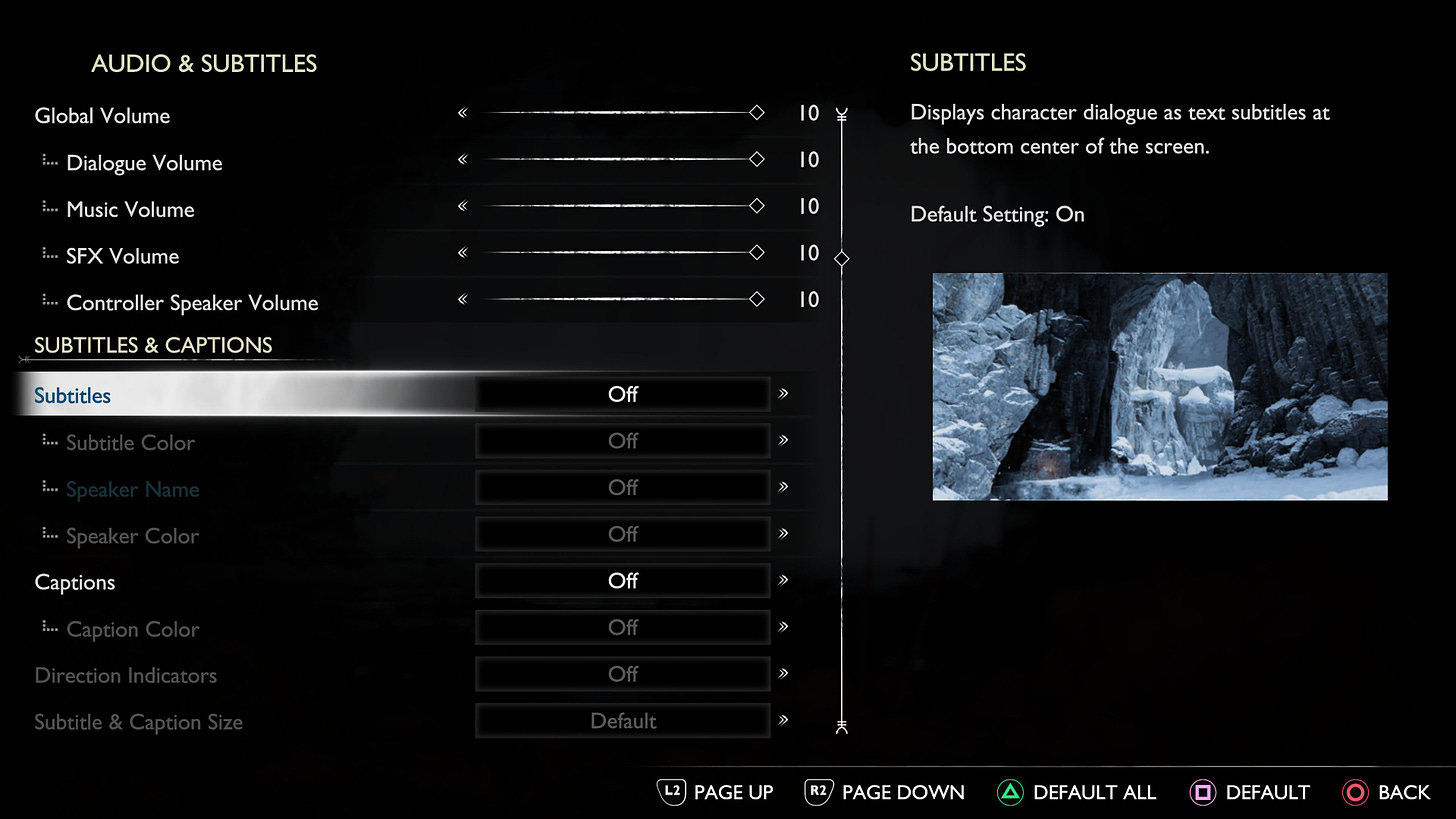 A screen capture of the Audio & Subtitles menu in God of War: Ragnarök, showing options for Global, Dialogue, Music, Sound Effects, and Controller Speaker Volumes, all with sliders set to 10 on a scale of one to ten. Below, multiple options exist for subtitles and captions, including colour, size, and direction. An image on the right side of the screen gives a preview of what they will look like on screen.