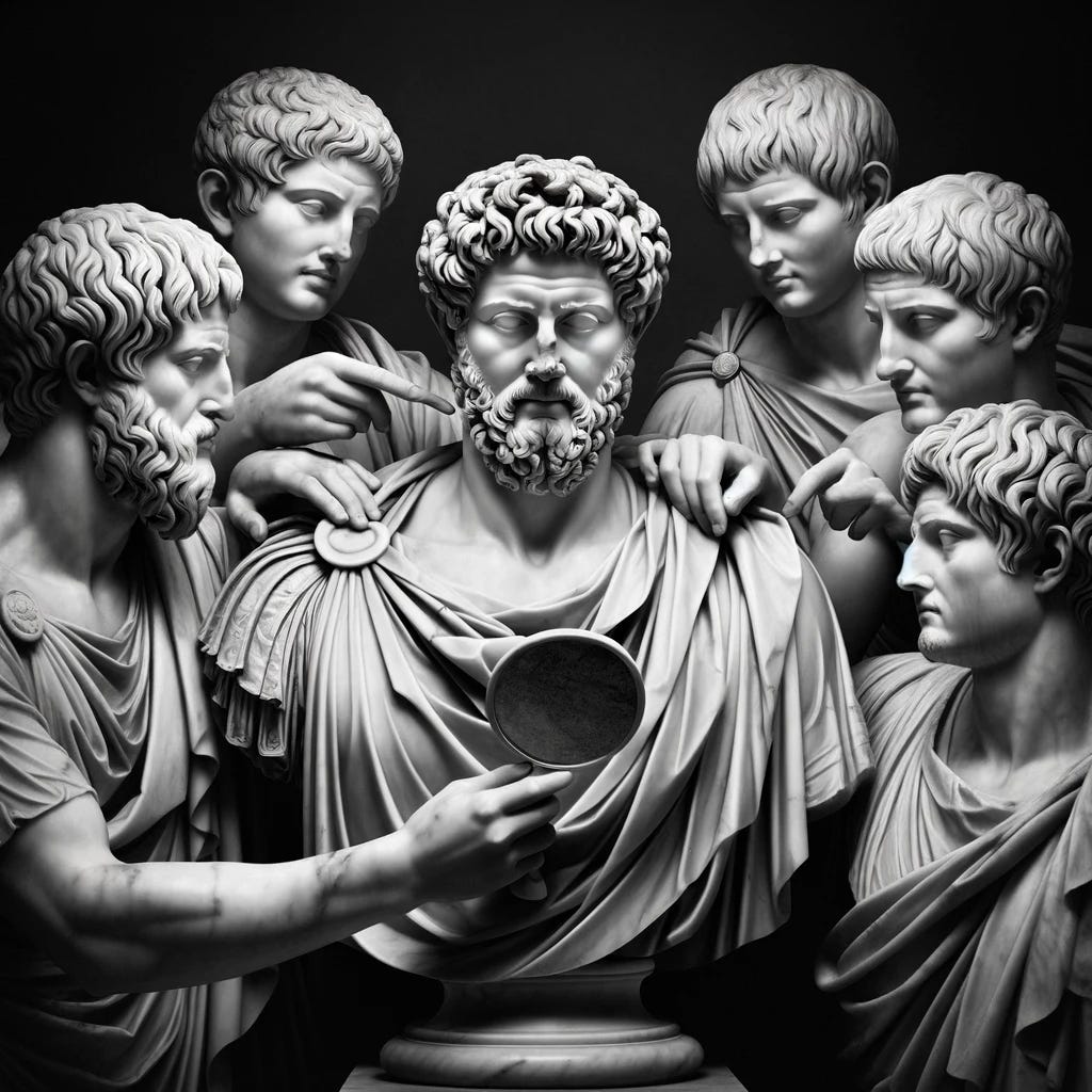 A marble sculpture depicting a collection of stoic philosophers, with several figures holding the shoulder of Marcus Aurelius in a supportive gesture. Among them, Epiktetos is holding up a mirror to Marcus Aurelius' face, symbolizing reflection and insight. The sculpture embodies the classic elegance of ancient Roman art, capturing the serene expressions and detailed drapery typical of the era.