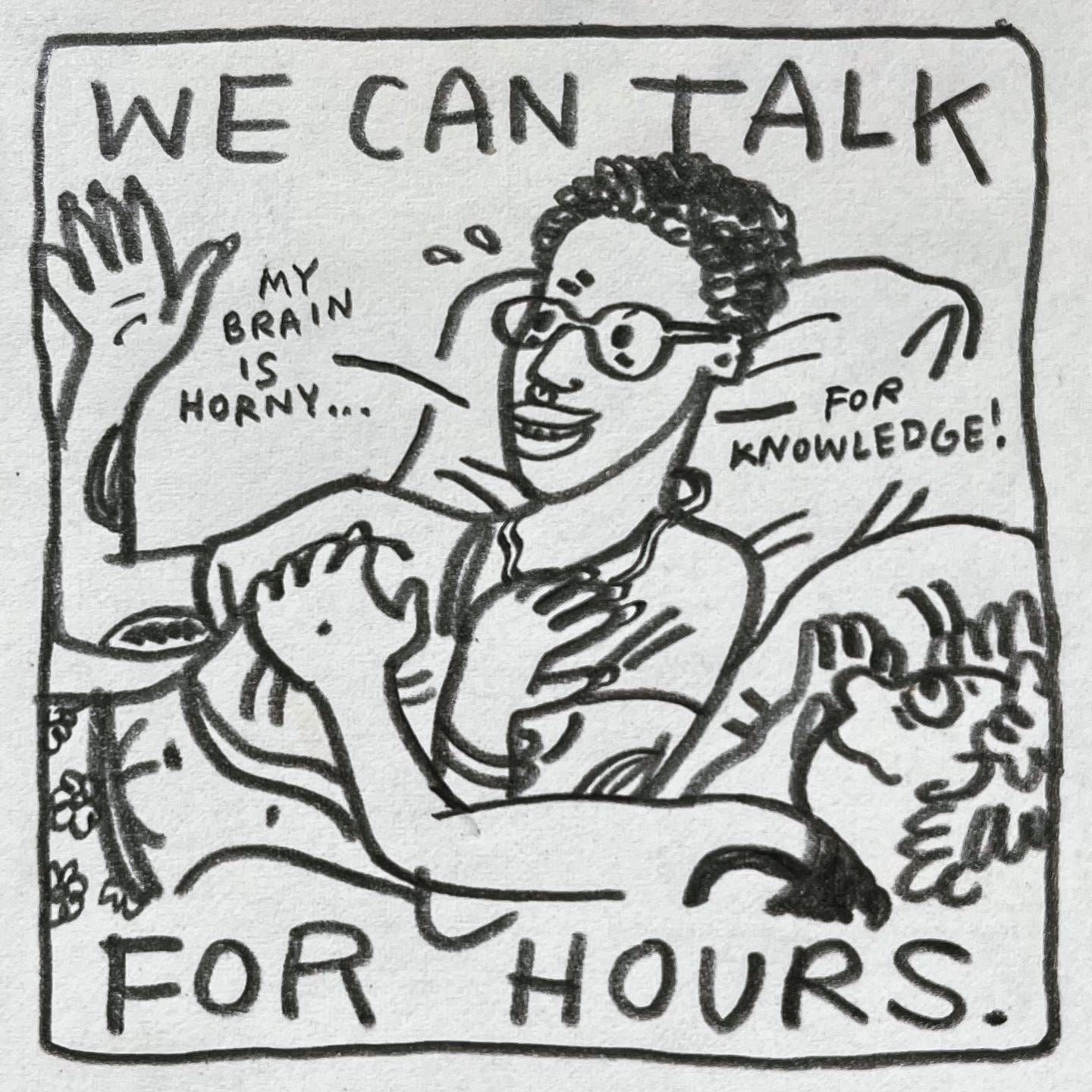 Panel 2: we can talk for hours. Image: Maze and Lark lay on a bed together. Lark has one hand resting on Maze’s boob, looking up at them lovingly. Maze is gesturing, excited. They say "my brain is horny… for knowledge!"