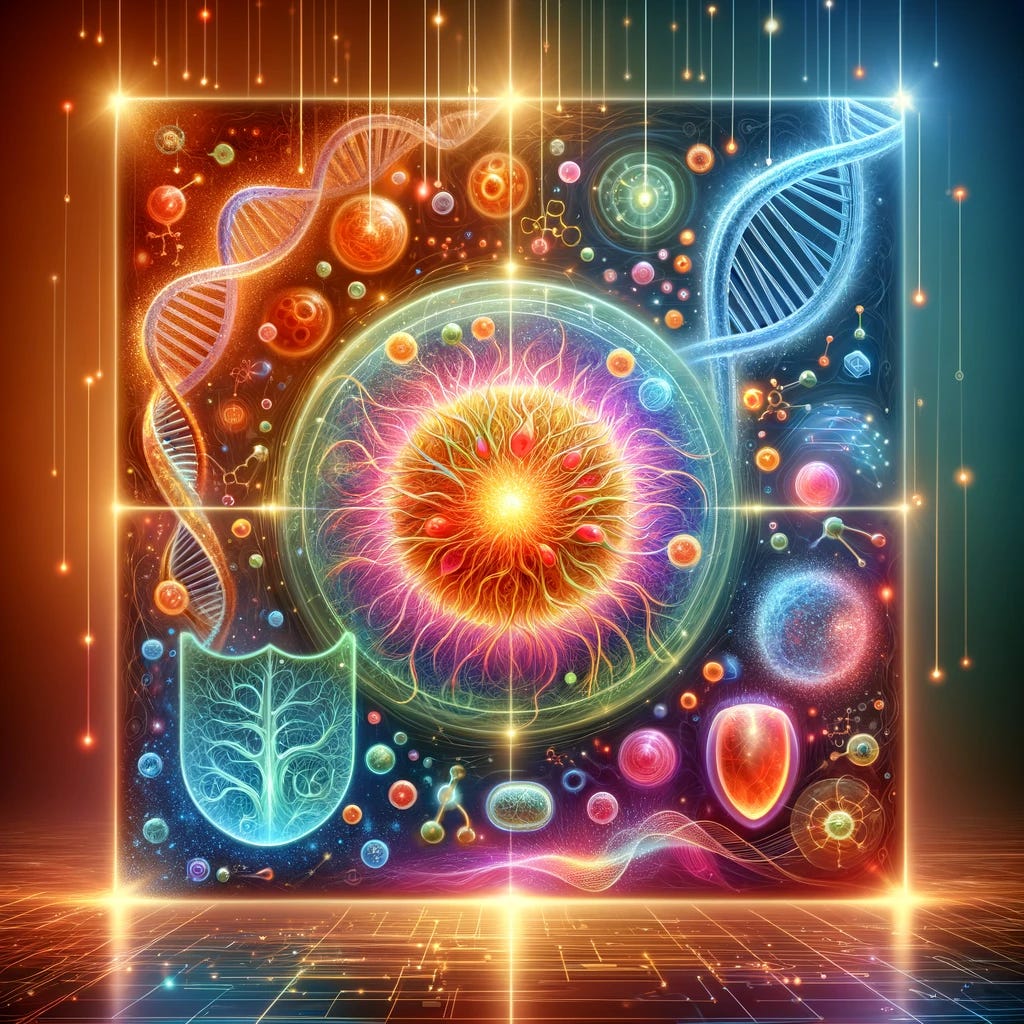 A visually appealing square image representing the benefits and importance of niacin (vitamin B3) in human health. The image should convey themes of energy, cellular health, and protection. It could feature vibrant, glowing elements to symbolize energy production, such as a radiant central light or abstract representation of mitochondria. Incorporate subtle imagery of DNA strands and a protective shield, hinting at niacin's role in DNA repair and cellular protection. The background can include a gradient of warm and cool tones, suggesting balance and harmony. Avoid using any text.